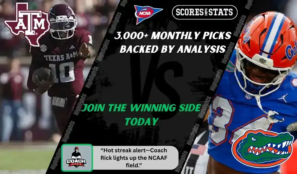 Texas A&M Aggies quarterback runs with the ball while Florida Gators defender moves in during NCAA football matchup promo for picks and predictions on October 11th, 2025.