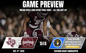 Promotional graphic for a college football game preview featuring Texas A&M vs Mississippi State, highlighting expert betting picks by Bobby Babinski.