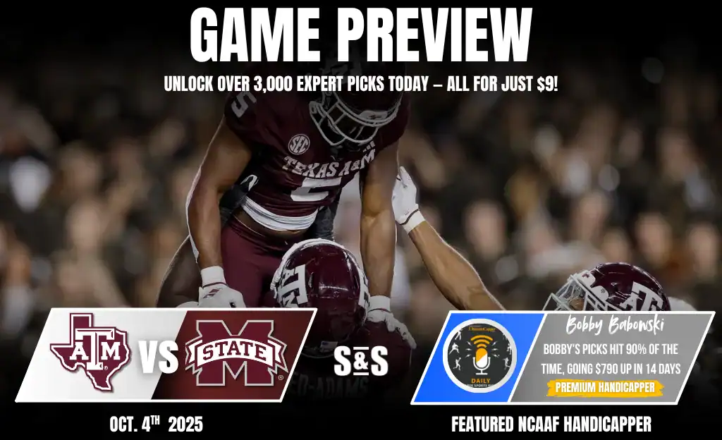Promotional graphic for a college football game preview featuring Texas A&M vs Mississippi State, highlighting expert betting picks by Bobby Babinski.