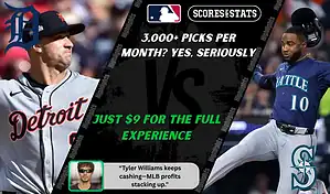 Detroit Tigers pitcher throws while Seattle Mariners player slides into base during MLB matchup promo for picks and predictions on October 8th, 2025.