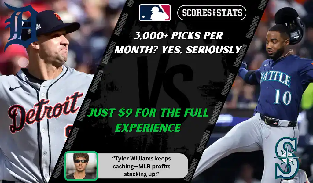 Detroit Tigers pitcher throws while Seattle Mariners player slides into base during MLB matchup promo for picks and predictions on October 8th, 2025.