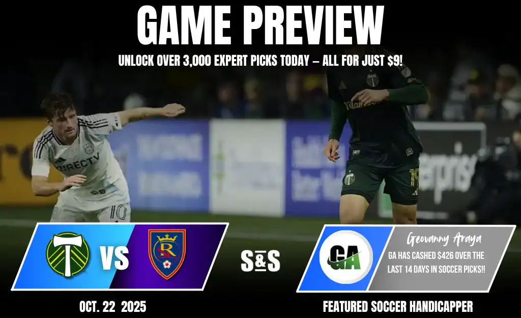 Action-packed soccer match preview featuring teams Portand Timbers vs Real Salt Lake, with promotional details for expert picks.