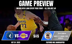 A basketball matchup preview featuring the Minnesota Timberwolves vs. Los Angeles Lakers, with promotional text and player action.