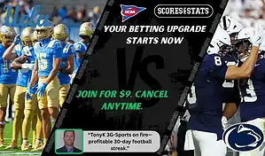 UCLA Bruins football team huddles on the field while Penn State Nittany Lions players celebrate a play during their college football matchup on October 4, 2025. Expert betting picks and predictions preview.