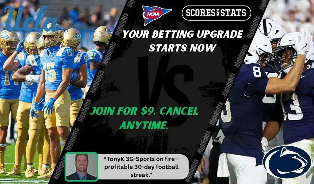 UCLA Bruins football team huddles on the field while Penn State Nittany Lions players celebrate a play during their college football matchup on October 4, 2025. Expert betting picks and predictions preview.