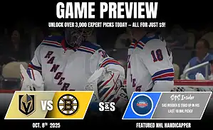 A New York Rangers goalie interacts with teammates, promoting an upcoming game against the Boston Bruins on October 8, 2025.