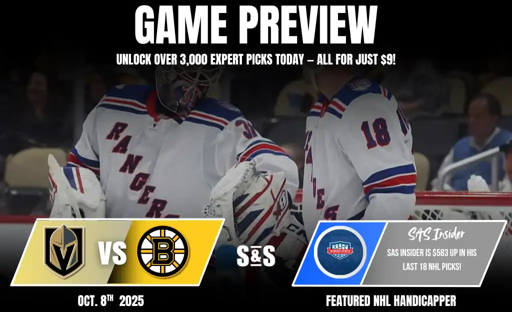 A New York Rangers goalie interacts with teammates, promoting an upcoming game against the Boston Bruins on October 8, 2025.