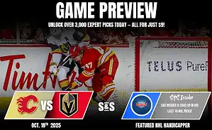 A hockey game preview featuring the Calgary Flames vs. Vegas Golden Knights, with statistics and promo for expert picks displayed.