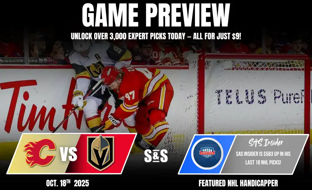 A hockey game preview featuring the Calgary Flames vs. Vegas Golden Knights, with statistics and promo for expert picks displayed.