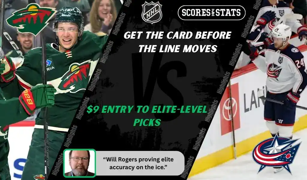 Minnesota Wild players celebrate on the ice as Columbus Blue Jackets skater looks on during NHL matchup promo for expert picks and predictions on October 11th, 2025.