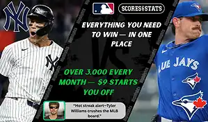 New York Yankees batter reacts while Toronto Blue Jays pitcher throws during MLB matchup promo for picks and predictions on October 8th, 2025.