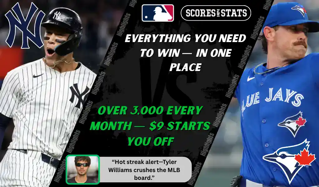 New York Yankees batter reacts while Toronto Blue Jays pitcher throws during MLB matchup promo for picks and predictions on October 8th, 2025.