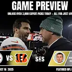 Game preview graphic for an NFL matchup between the Pittsburgh Steelers and Cincinnati Bengals, highlighting expert picks and statistics.