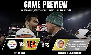 Game preview graphic for an NFL matchup between the Pittsburgh Steelers and Cincinnati Bengals, highlighting expert picks and statistics.