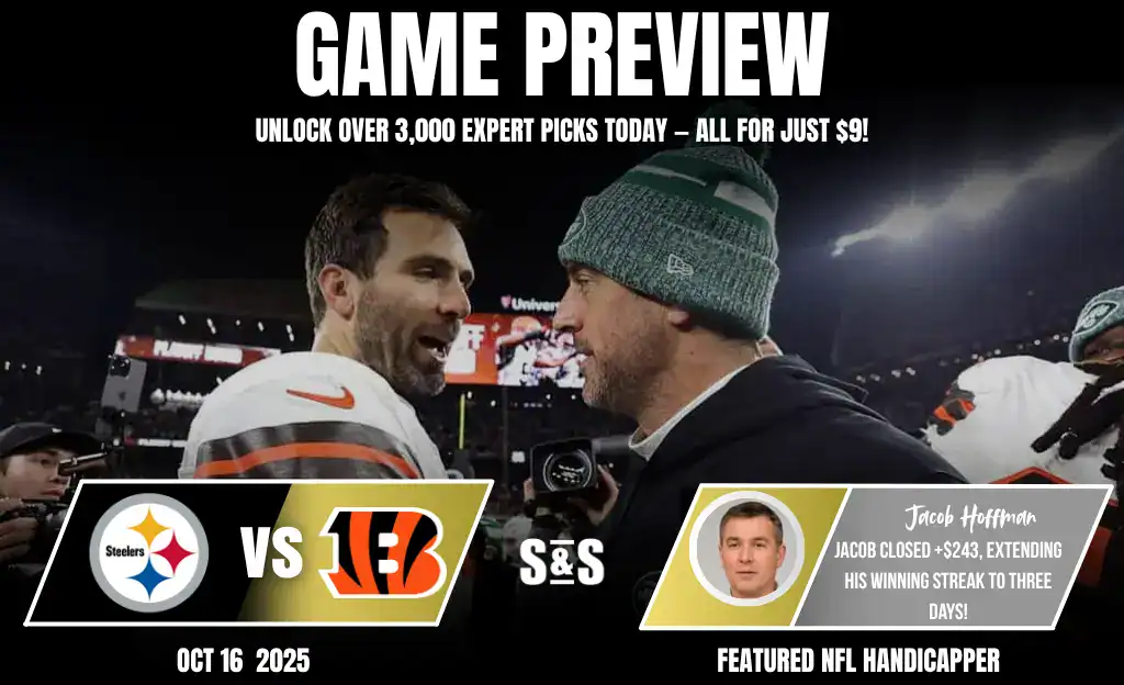 Game preview graphic for an NFL matchup between the Pittsburgh Steelers and Cincinnati Bengals, highlighting expert picks and statistics.