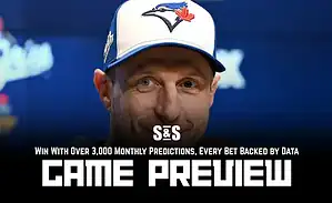 A person wearing a Blue Jays cap is featured in front of a sports background, with promotional text about a game preview.
