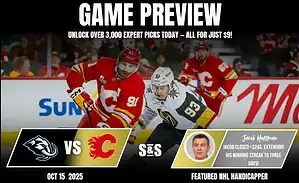 Game preview graphic featuring a hockey match between the Seattle Kraken and Calgary Flames, with player action in a vibrant arena.
