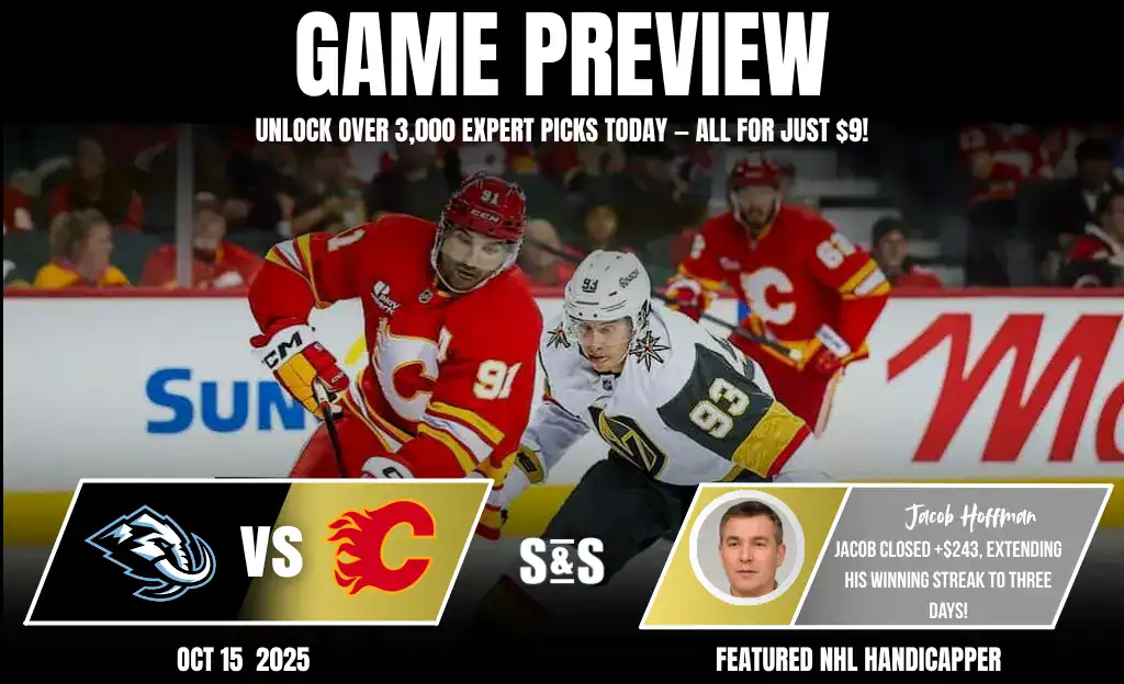 Game preview graphic featuring a hockey match between the Seattle Kraken and Calgary Flames, with player action in a vibrant arena.