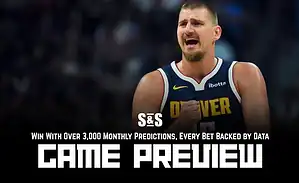 A basketball player in a Denver jersey stands confidently on the court, with promotional text for a game preview below.