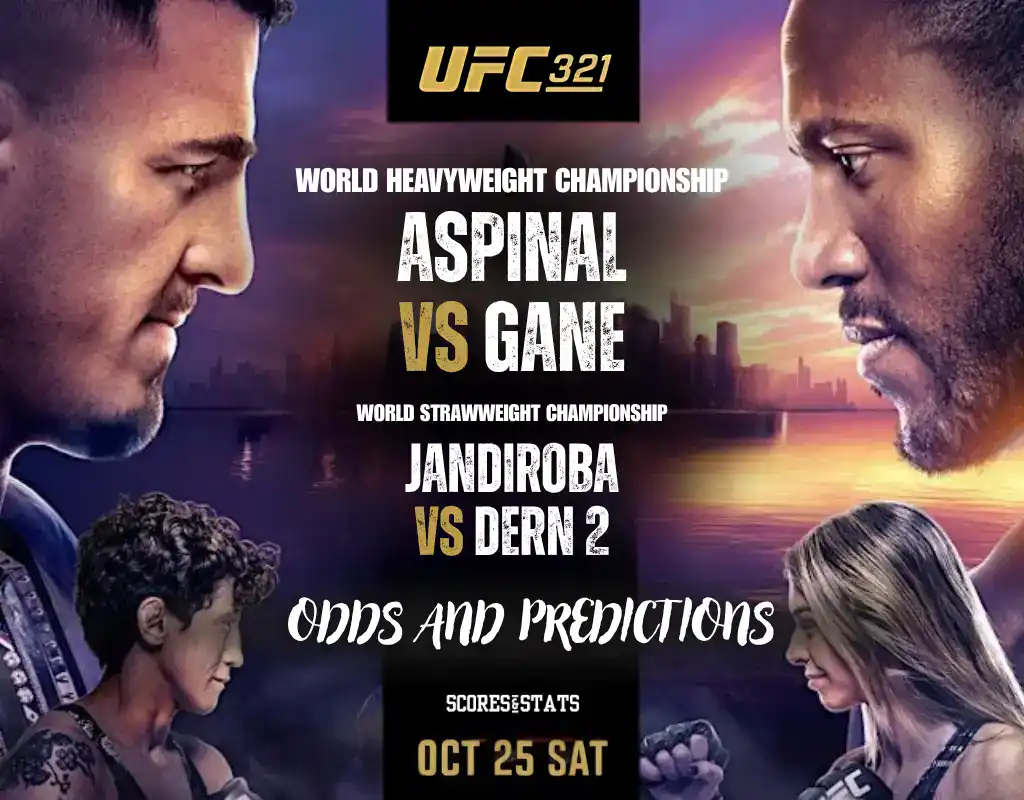 Promotional poster for UFC 321 featuring matchups: Aspinal vs. Gane and Jandiroba vs. Dern 2. Event date: October 25.