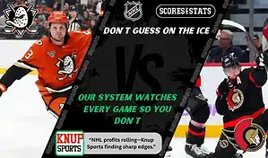 NHL promo graphic featuring Anaheim Ducks and Ottawa Senators players with team logos and Scores and Stats branding, promoting betting picks and predictions for their November 20, 2025 matchup.