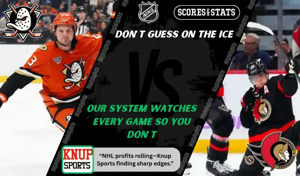 Previews 6 NHL promo graphic featuring Anaheim Ducks and Ottawa Senators players with team logos and Scores and Stats branding, promoting betting picks and predictions for their November 20, 2025 matchup.