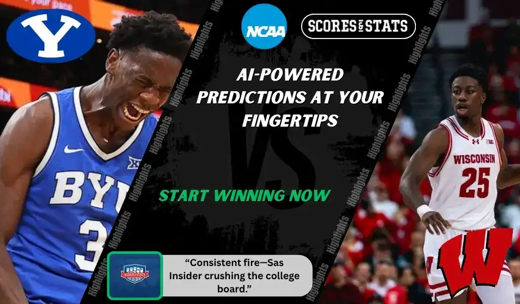 Previews 7 College basketball promo graphic featuring BYU Cougars and Wisconsin Badgers players with team logos and Scores and Stats branding, promoting betting picks and predictions for their November 21, 2025 matchup.