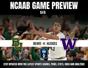 Banner for NCAA basketball game preview featuring Baylor Bears vs Washington Huskies, highlighting scores, picks, and analysis.