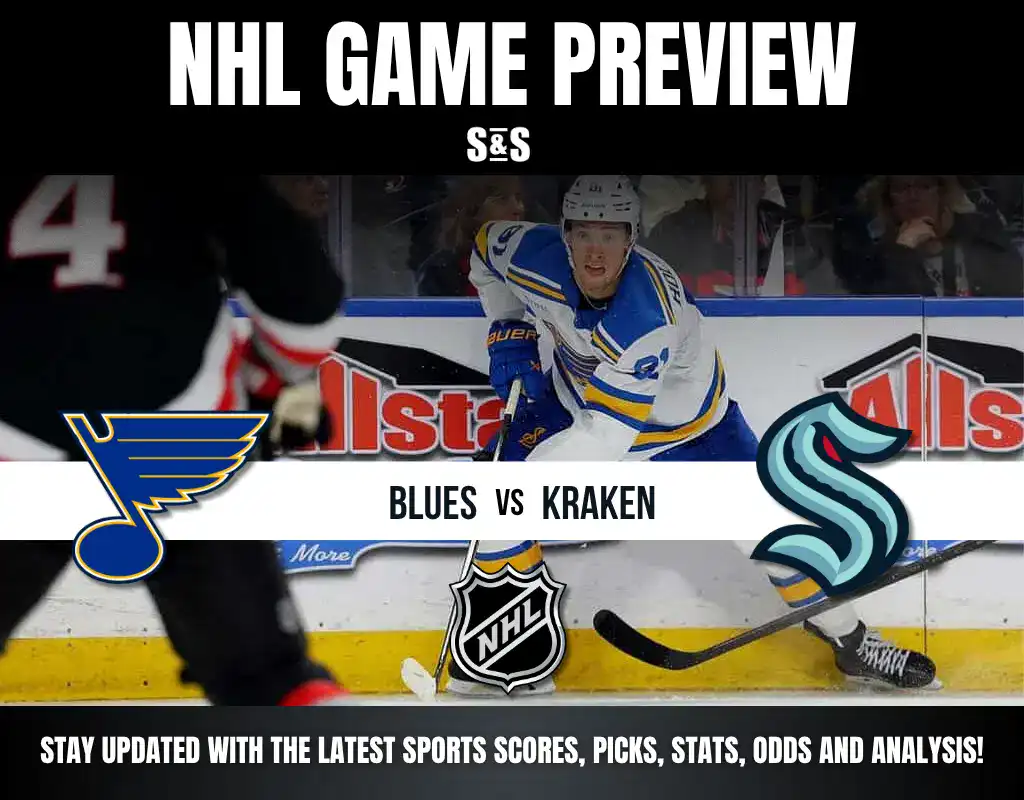 NHL Game Preview featuring the St. Louis Blues vs. Seattle Kraken, showcasing intense ice hockey action and team logos.