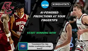 College basketball promo graphic featuring Boston College Eagles and Davidson Wildcats players with team logos and Scores and Stats branding, highlighting betting picks and predictions for their November 21, 2025 matchup.