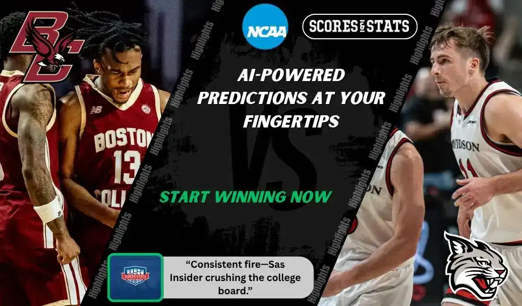 College basketball promo graphic featuring Boston College Eagles and Davidson Wildcats players with team logos and Scores and Stats branding, highlighting betting picks and predictions for their November 21, 2025 matchup.