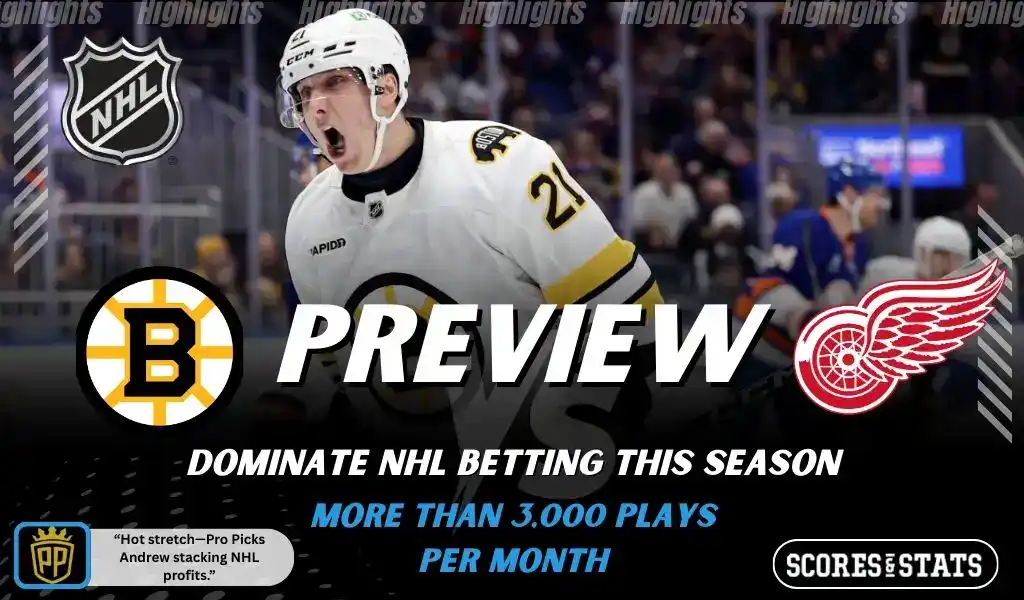 Previews 9 Boston Bruins vs Detroit Red Wings preview graphic featuring NHL matchup promotion for November 29 2025.