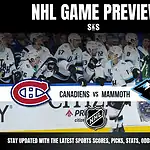 NHL Game Preview featuring match-up between Canadiens and Mammoth, with players celebrating on the bench in an energetic atmosphere.