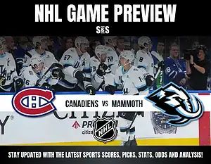 NHL Game Preview featuring match-up between Canadiens and Mammoth, with players celebrating on the bench in an energetic atmosphere.
