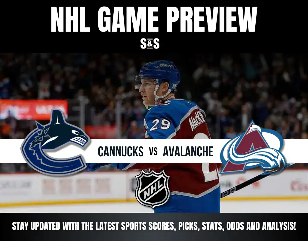 NHL Game Preview featuring a matchup between the Vancouver Canucks and the Colorado Avalanche, showcasing team logos and promotional text.