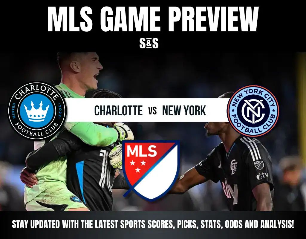 An MLS game preview featuring Charlotte FC and New York City FC, highlighting team logos and matchup details.