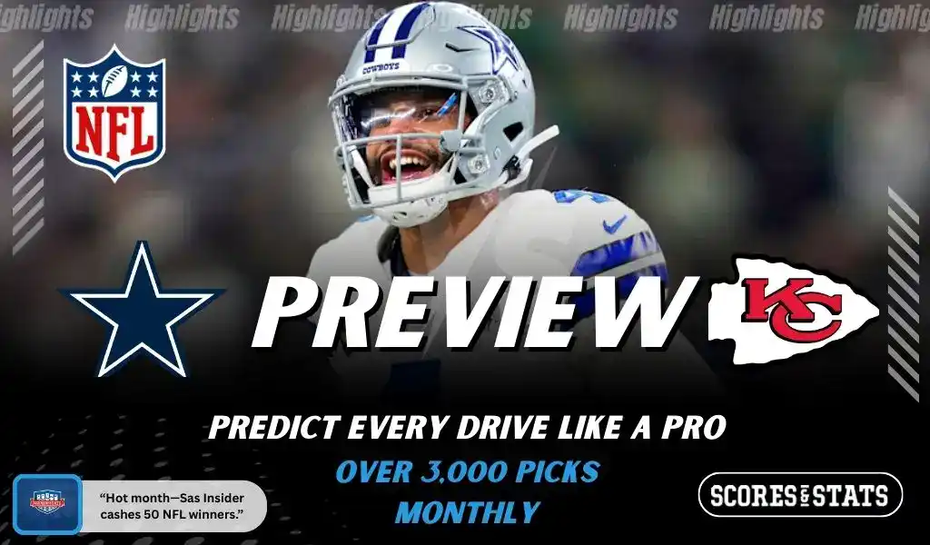 Dallas Cowboys and Kansas City Chiefs matchup graphic featuring a Cowboys player in action, promoting NFL picks and predictions for November 27, 2025, with ScoresAndStats branding