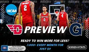 Dayton Flyers and Georgetown Hoyas players featured in a matchup graphic promoting NCAAB picks and predictions for November 27, 2025, with ScoresAndStats branding