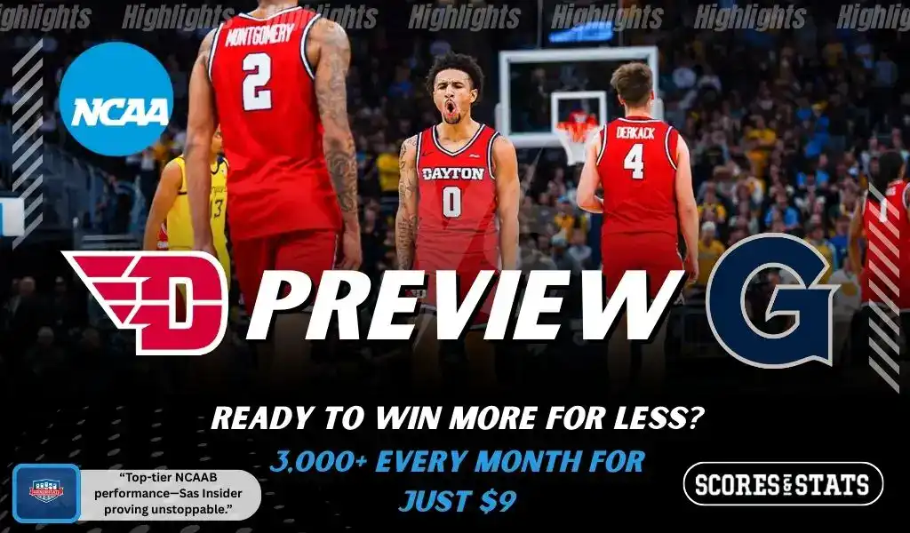 Dayton Flyers and Georgetown Hoyas players featured in a matchup graphic promoting NCAAB picks and predictions for November 27, 2025, with ScoresAndStats branding