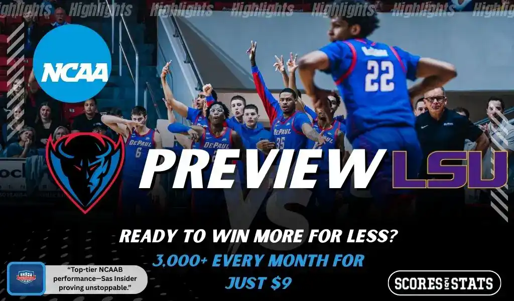 DePaul Blue Demons vs LSU Tigers preview graphic featuring NCAA basketball matchup promotion for November 29 2025.