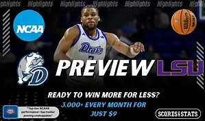 Preview graphic showing Drake Bulldogs and LSU Tigers ahead of their November 28, 2025 college basketball matchup.