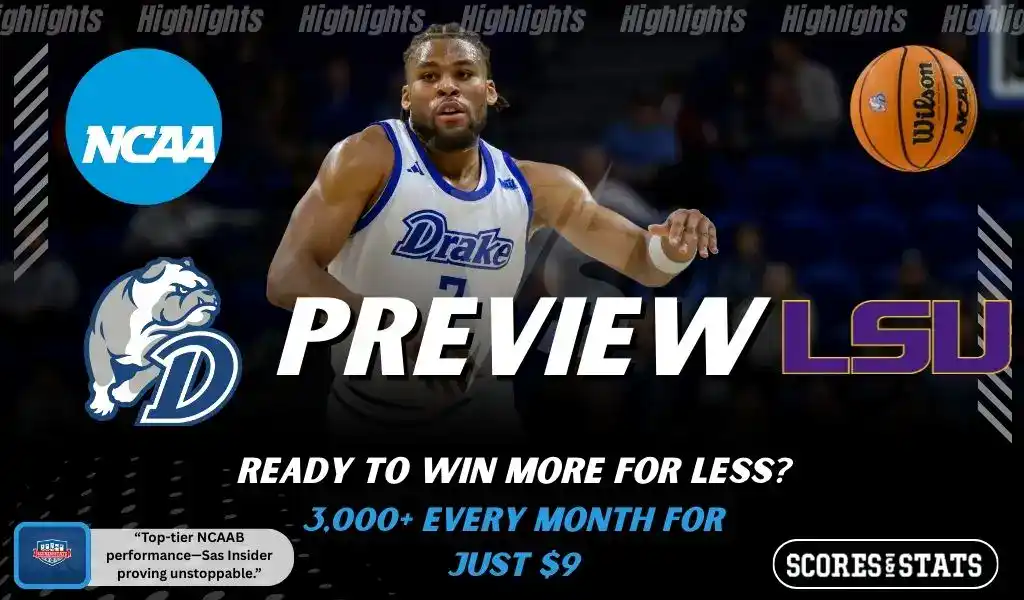 Preview graphic showing Drake Bulldogs and LSU Tigers ahead of their November 28, 2025 college basketball matchup.