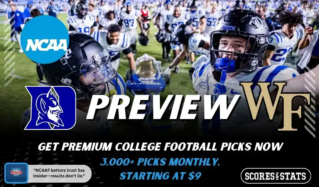 Duke Blue Devils vs Wake Forest Demon Deacons college football preview graphic for November 29, 2025 featuring players, helmets, and team logos.