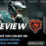 Philadelphia Eagles player in action beside Chicago Bears logo in an NFL matchup graphic promoting picks and predictions for November 28, 2025, with ScoresAndStats branding