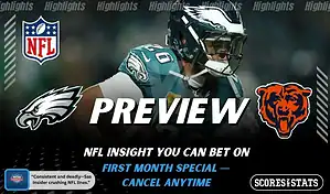 Philadelphia Eagles player in action beside Chicago Bears logo in an NFL matchup graphic promoting picks and predictions for November 28, 2025, with ScoresAndStats branding