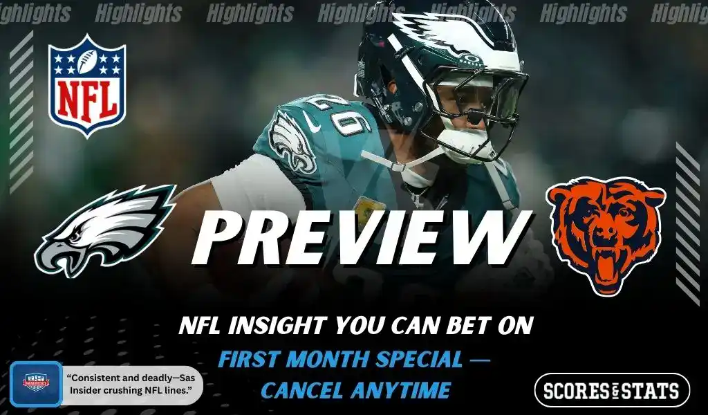 Philadelphia Eagles player in action beside Chicago Bears logo in an NFL matchup graphic promoting picks and predictions for November 28, 2025, with ScoresAndStats branding