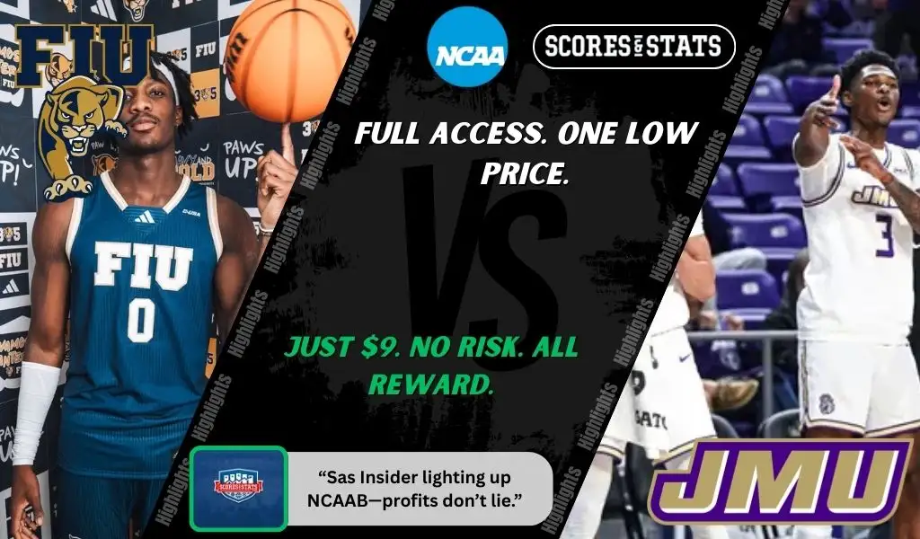 FIU Golden Panthers and James Madison Dukes players featured in a matchup graphic promoting NCAAB picks and predictions for November 24, 2025, with ScoresAndStats branding