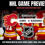 Home 20 NHL Game Preview featuring the Flames vs. Blackhawks, with team logos and a backdrop of players in vibrant jerseys.