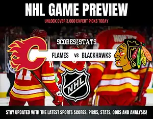 NHL Game Preview featuring the Flames vs. Blackhawks, with team logos and a backdrop of players in vibrant jerseys.