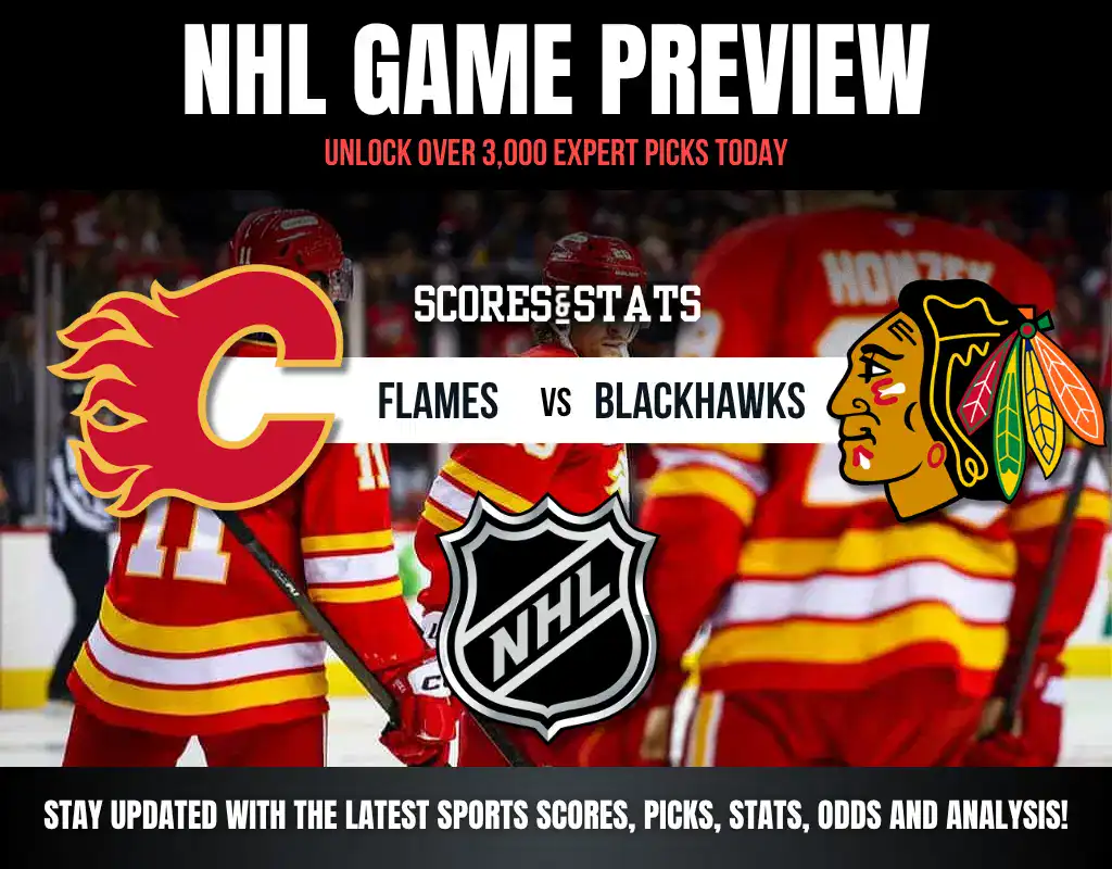 Previews 6 NHL Game Preview featuring the Flames vs. Blackhawks, with team logos and a backdrop of players in vibrant jerseys.